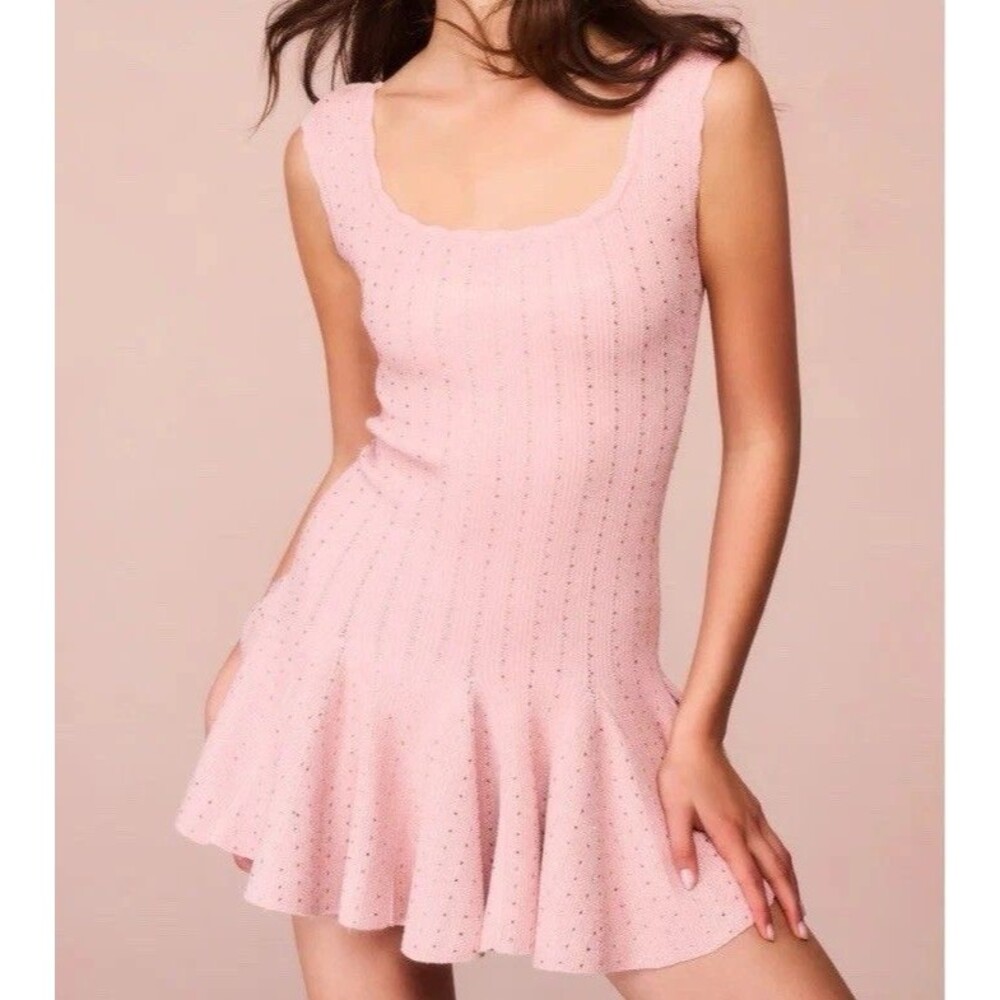 LoveShackFancy Metallic Godet Mini Dress Pink Crystal Knit Womens Size Small New
